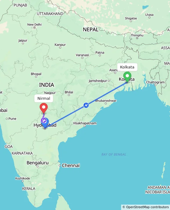 Route map showing distance and travel time from Kolkata, India to Nirmal, India