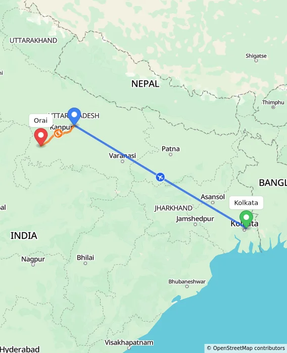 Route map showing distance and travel time from Kolkata, India to Orai, India