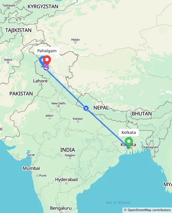 Route map showing distance and travel time from Kolkata, India to Pahalgam, India