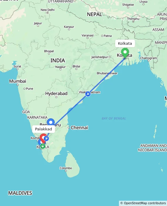 Route map showing distance and travel time from Kolkata, India to Palakkad, India
