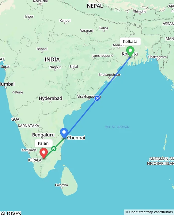 Route map showing distance and travel time from Kolkata, India to Palani, India