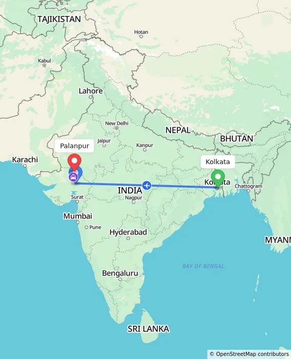 Route map showing distance and travel time from Kolkata, India to Palanpur, India