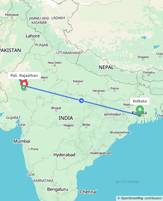 Route map showing distance and travel time from Kolkata, India to Pali, Rajasthan, India