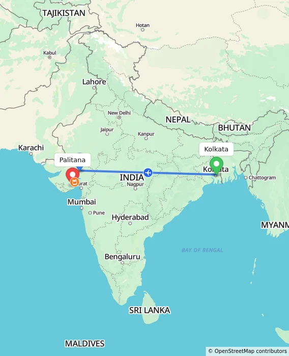 Route map showing distance and travel time from Kolkata, India to Palitana, India