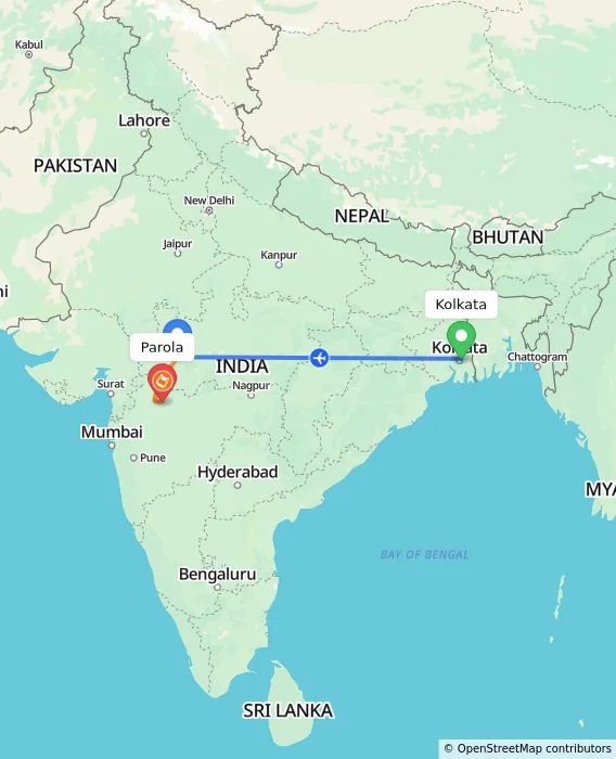 Route map showing distance and travel time from Kolkata, India to Parola, India