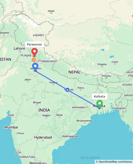 Route map showing distance and travel time from Kolkata, India to Parwanoo, India