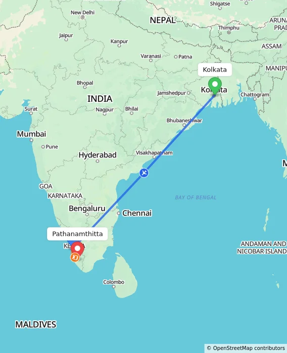 Route map showing distance and travel time from Kolkata, India to Pathanamthitta, India
