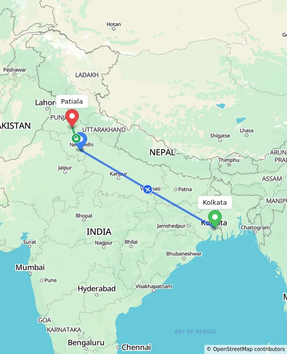Route map showing distance and travel time from Kolkata, India to Patiala, India