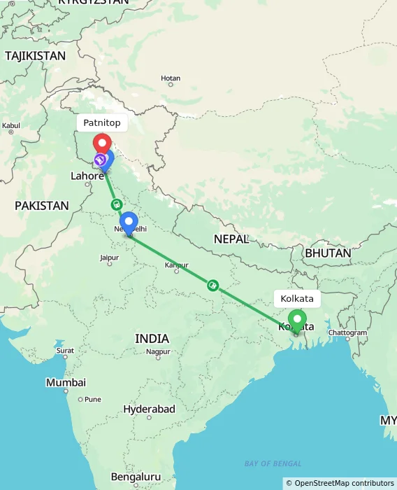 Route map showing distance and travel time from Kolkata, India to Patnitop, India