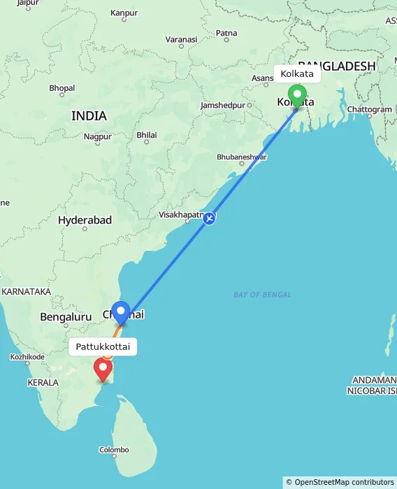 Route map showing distance and travel time from Kolkata, India to Pattukkottai, India