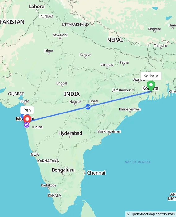 Route map showing distance and travel time from Kolkata, India to Pen, India