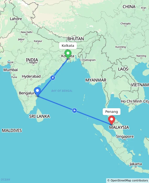 Route map showing distance and travel time from Kolkata, India to Penang, Malaysia