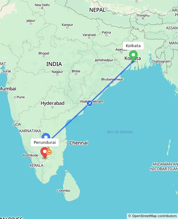 Route map showing distance and travel time from Kolkata, India to Perundurai, India