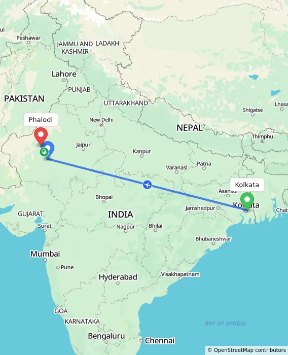 Route map showing distance and travel time from Kolkata, India to Phalodi, India