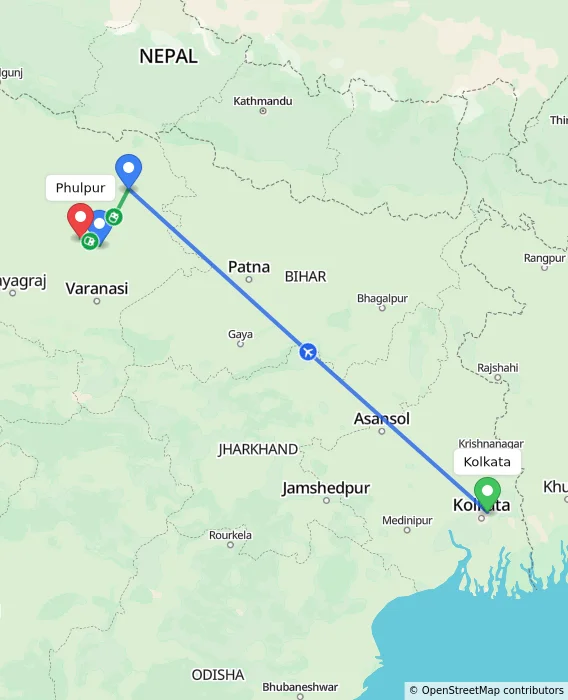Route map showing distance and travel time from Kolkata, India to Phulpur, India