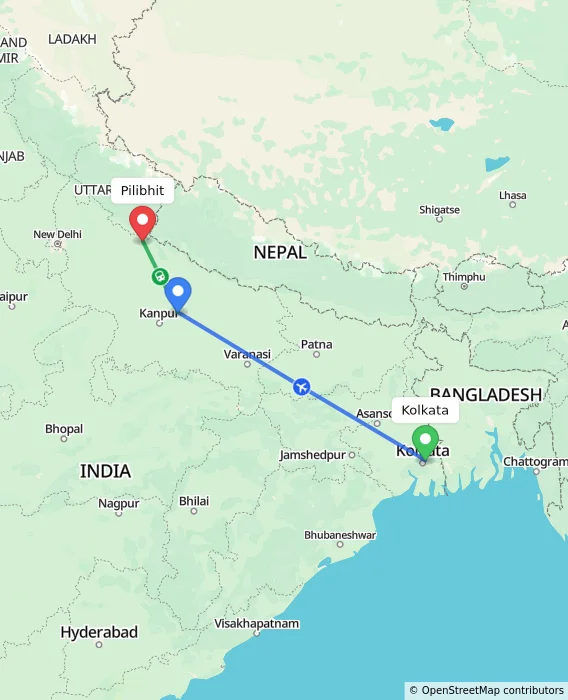 Route map showing distance and travel time from Kolkata, India to Pilibhit, India