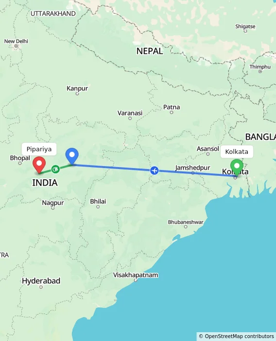 Route map showing distance and travel time from Kolkata, India to Pipariya, India
