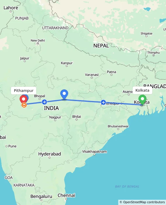 Route map showing distance and travel time from Kolkata, India to Pithampur, India
