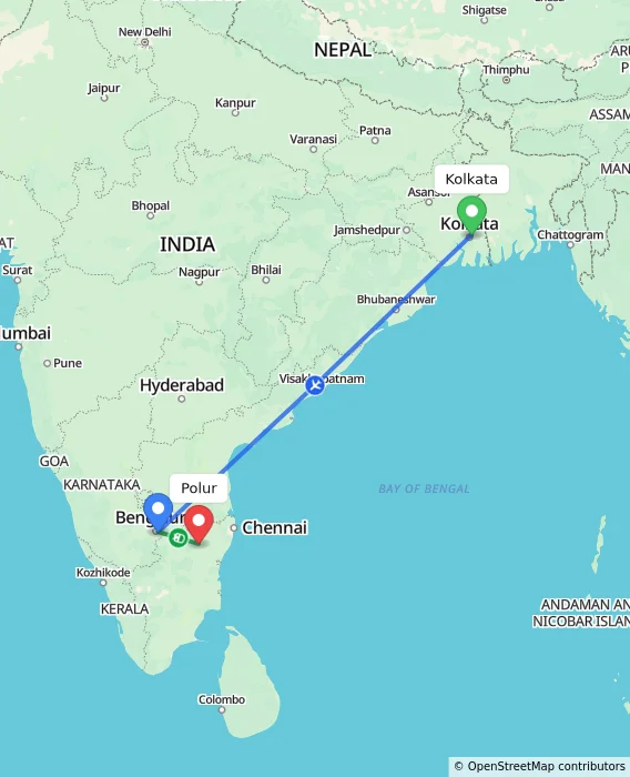Route map showing distance and travel time from Kolkata, India to Polur, India