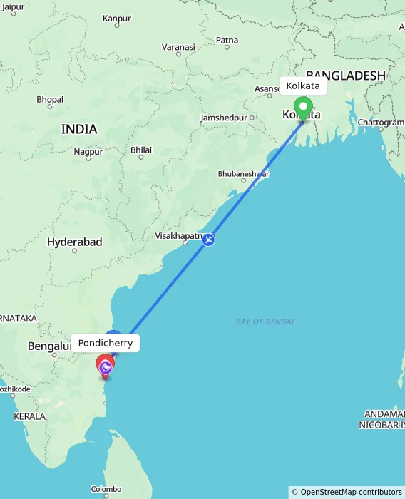 Route map showing distance and travel time from Kolkata, India to Pondicherry, India