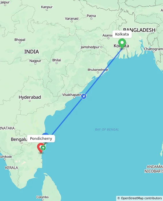 Route map showing distance and travel time from Kolkata, India to Puducherry, India