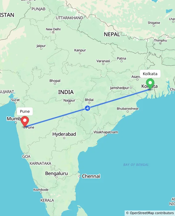 Route map showing distance and travel time from Kolkata, India to Pune, India
