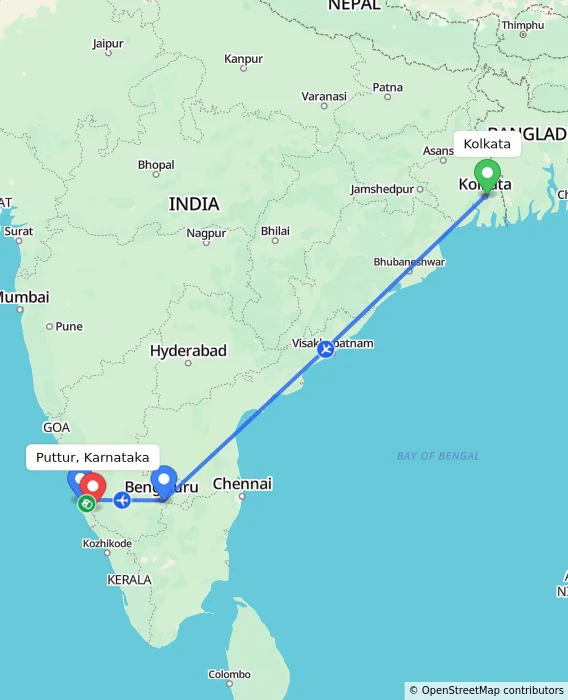 Route map showing distance and travel time from Kolkata, India to Puttur, Karnataka, India