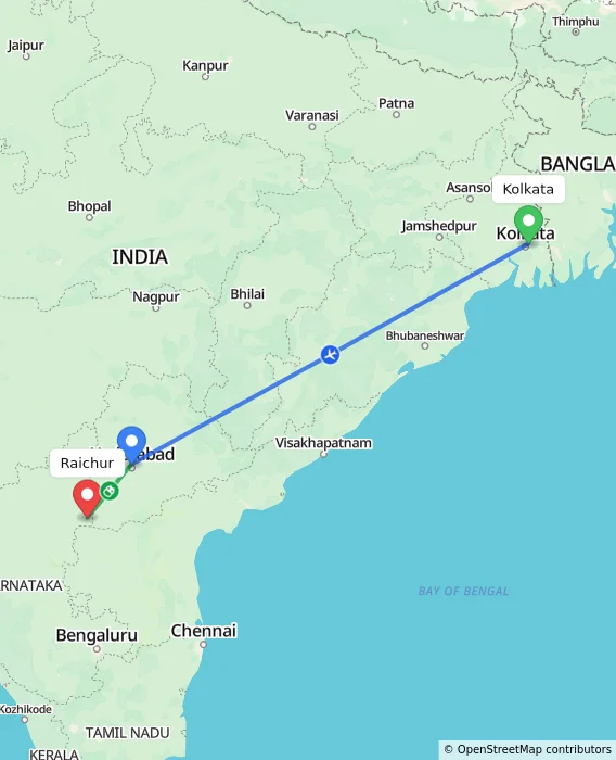 Route map showing distance and travel time from Kolkata, India to Raichur, India
