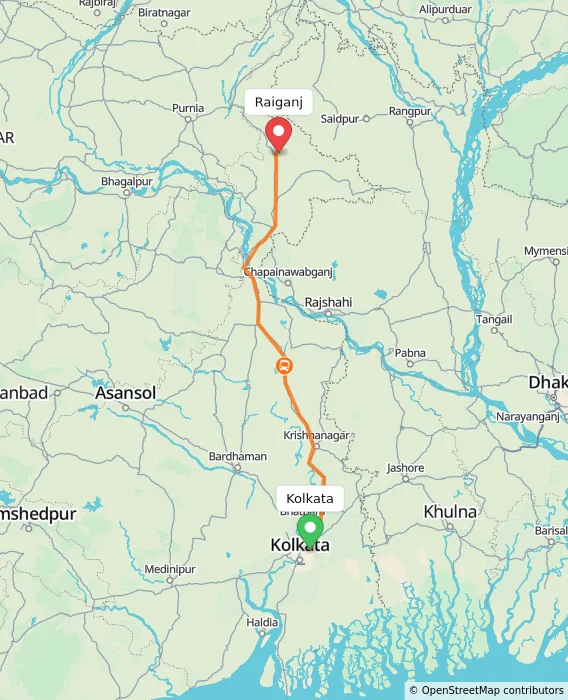 Route map showing distance and travel time from Kolkata, India to Raiganj, India