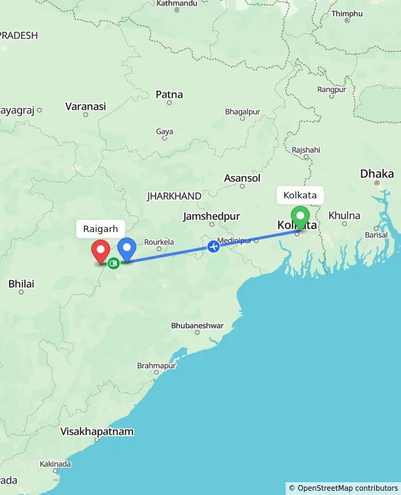 Route map showing distance and travel time from Kolkata, India to Raigarh, India