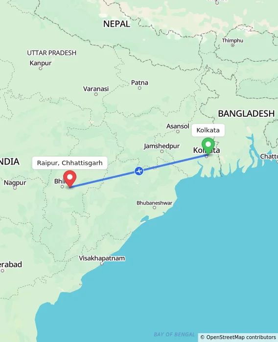 Route map showing distance and travel time from Kolkata, India to Raipur, Chhattisgarh, India