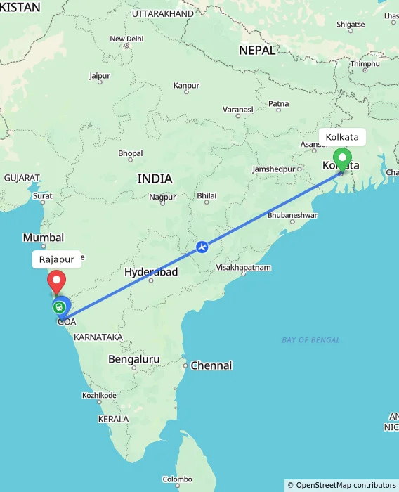Route map showing distance and travel time from Kolkata, India to Rajapur, India