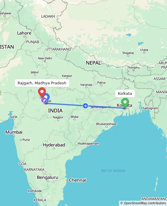 Route map showing distance and travel time from Kolkata, India to Rajgarh, Madhya Pradesh, India