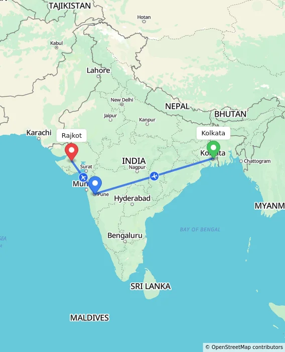 Route map showing distance and travel time from Kolkata, India to Rajkot, India