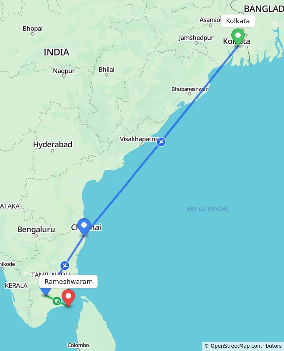 Route map showing distance and travel time from Kolkata, India to Rameshwaram, India