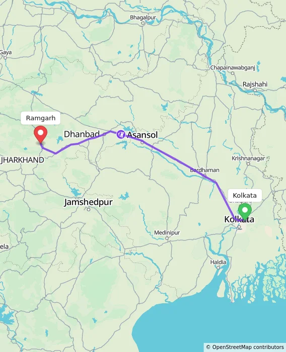 Route map showing distance and travel time from Kolkata, India to Ramgarh, India