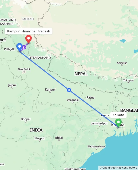 Route map showing distance and travel time from Kolkata, India to Rampur, Himachal Pradesh, India