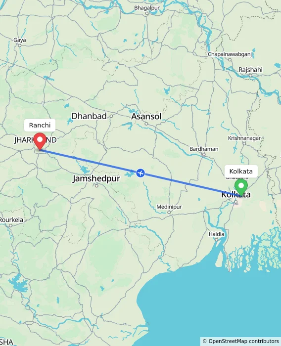 Route map showing distance and travel time from Kolkata, India to Ranchi, India