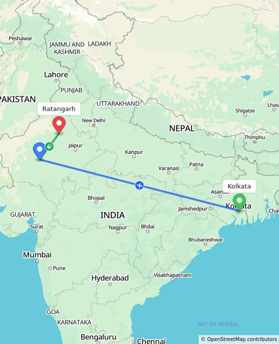 Route map showing distance and travel time from Kolkata, India to Ratangarh, India