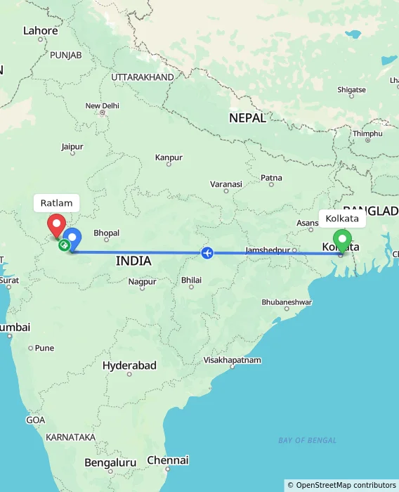 Route map showing distance and travel time from Kolkata, India to Ratlam, India