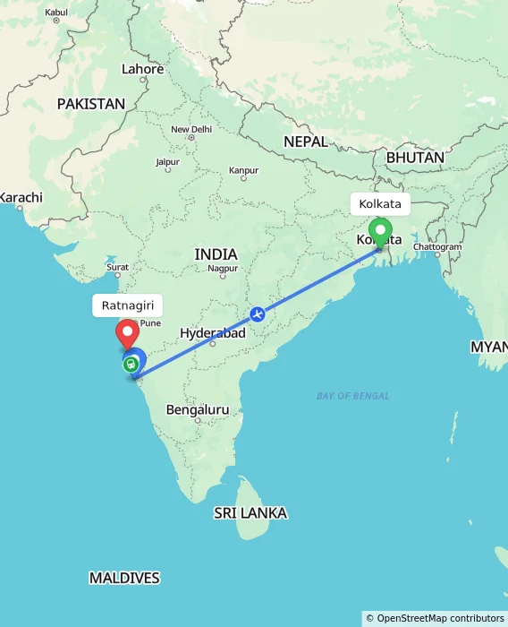 Route map showing distance and travel time from Kolkata, India to Ratnagiri, India