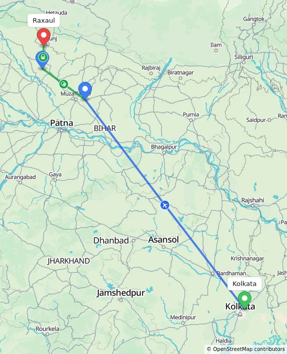 Route map showing distance and travel time from Kolkata, India to Raxaul, India