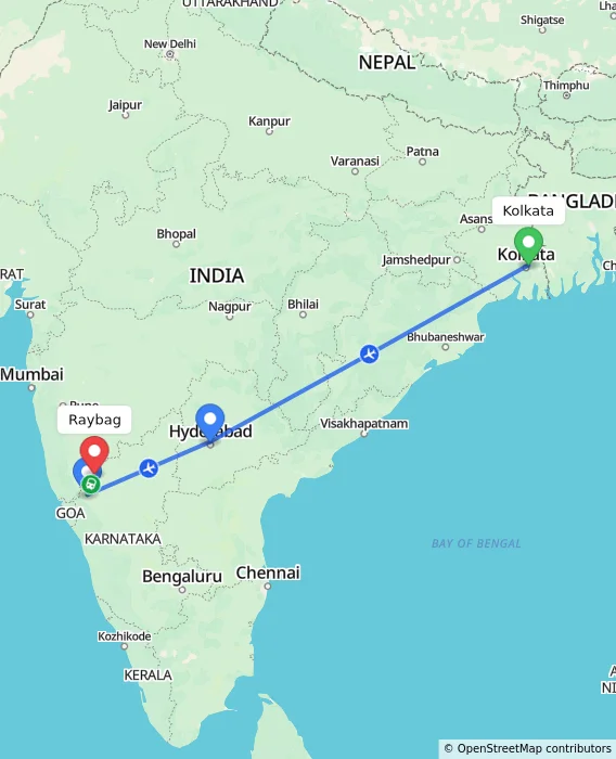 Route map showing distance and travel time from Kolkata, India to Raybag, India