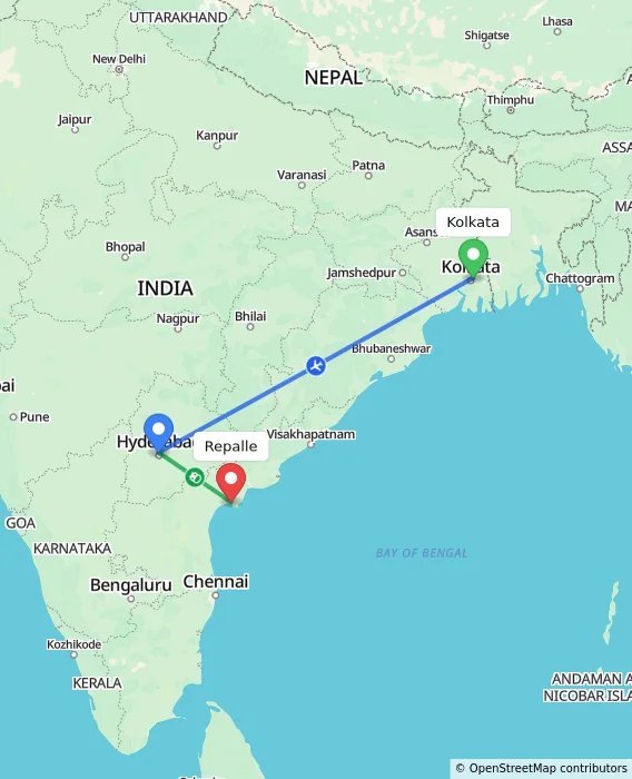 Route map showing distance and travel time from Kolkata, India to Repalle, India