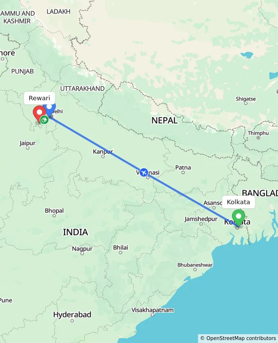 Route map showing distance and travel time from Kolkata, India to Rewari, India