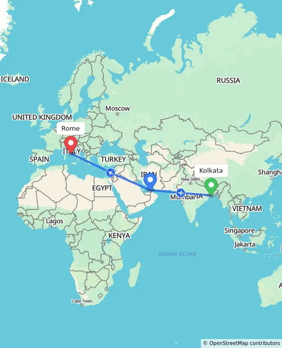 Route map showing distance and travel time from Kolkata, India to Rome, Italy