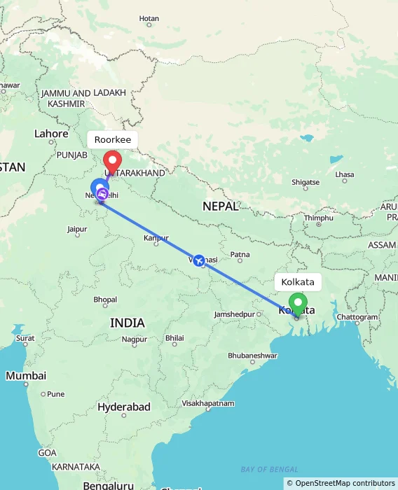 Route map showing distance and travel time from Kolkata, India to Roorkee, India