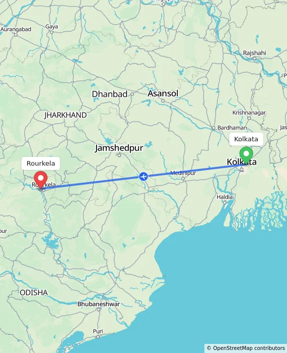 Route map showing distance and travel time from Kolkata, India to Rourkela, India