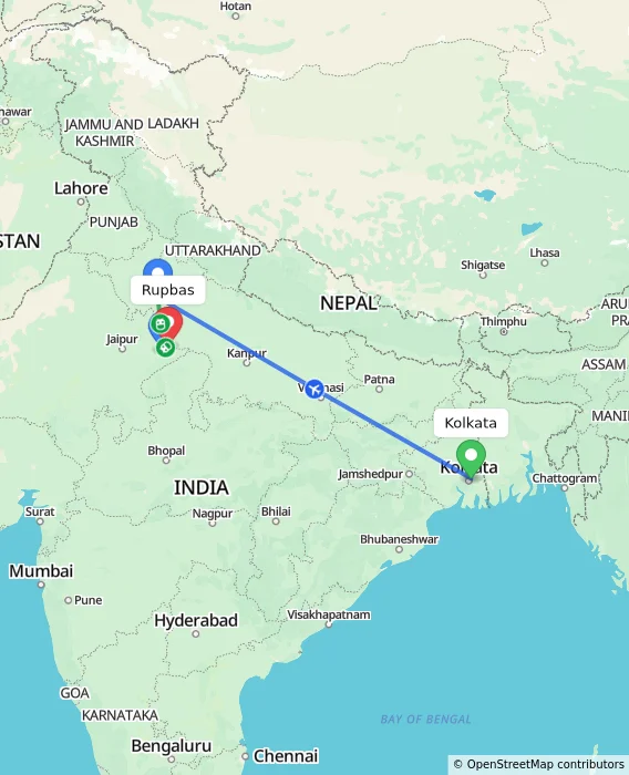 Route map showing distance and travel time from Kolkata, India to Rupbas, India