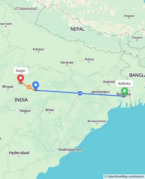 Route map showing distance and travel time from Kolkata, India to Sagar, India